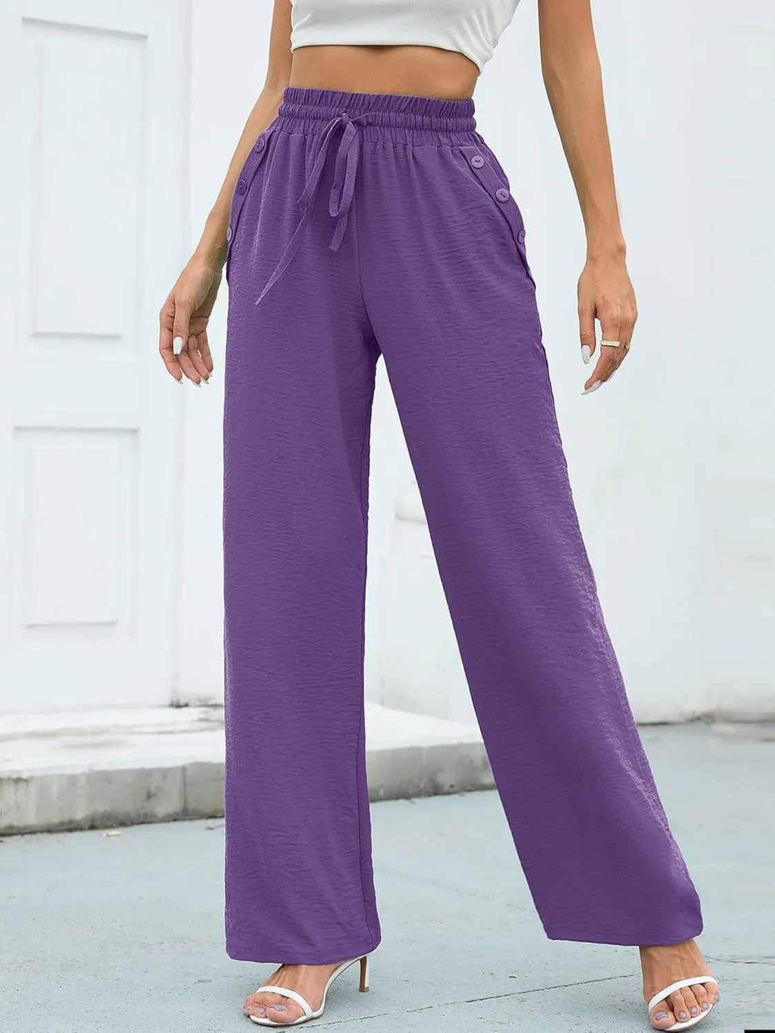 Heymoments Women's Wide Leg Lounge Pants Lightweight High Waisted Adjustable Tie Knot Loose Fit Trousers with Pockets