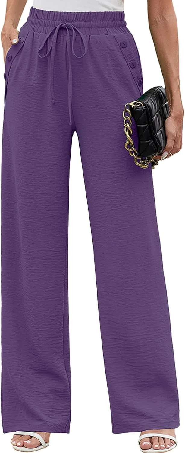 Heymoments Women's Wide Leg Lounge Pants Lightweight High Waisted Adjustable Tie Knot Loose Fit Trousers with Pockets