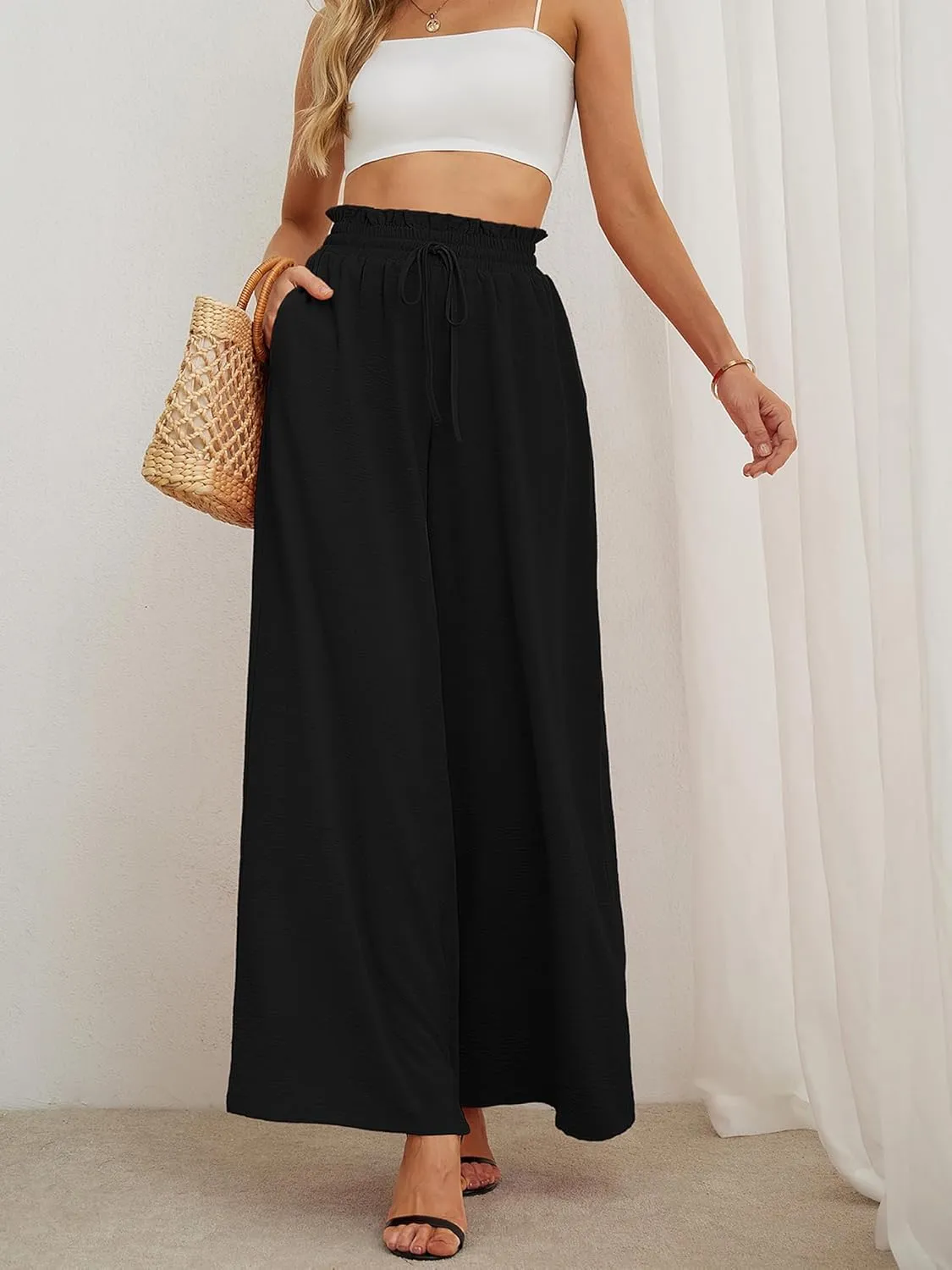 Heymoments Women's Wide Leg Lounge Pants Lightweight High Waisted Adjustable Tie Knot Loose Trousers with Pockets
