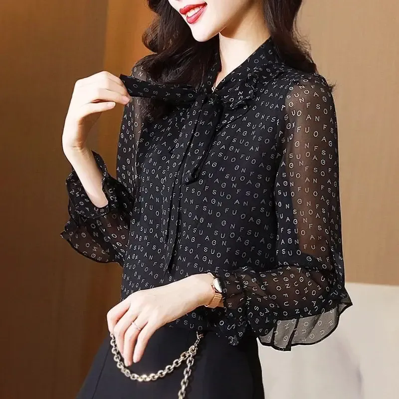 Hnzxzm Elegant Women Black Chiffon Shirt Office Lady Bow Gauze Vintage Blouses Women's Spring Long Sleeve Print Fashion Pullovers