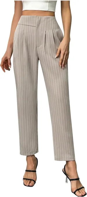 JOAU Women's Striped Print High Waisted Dress Pants Straight Leg Work Business Suit Pants Casual Pleated Office Trousers