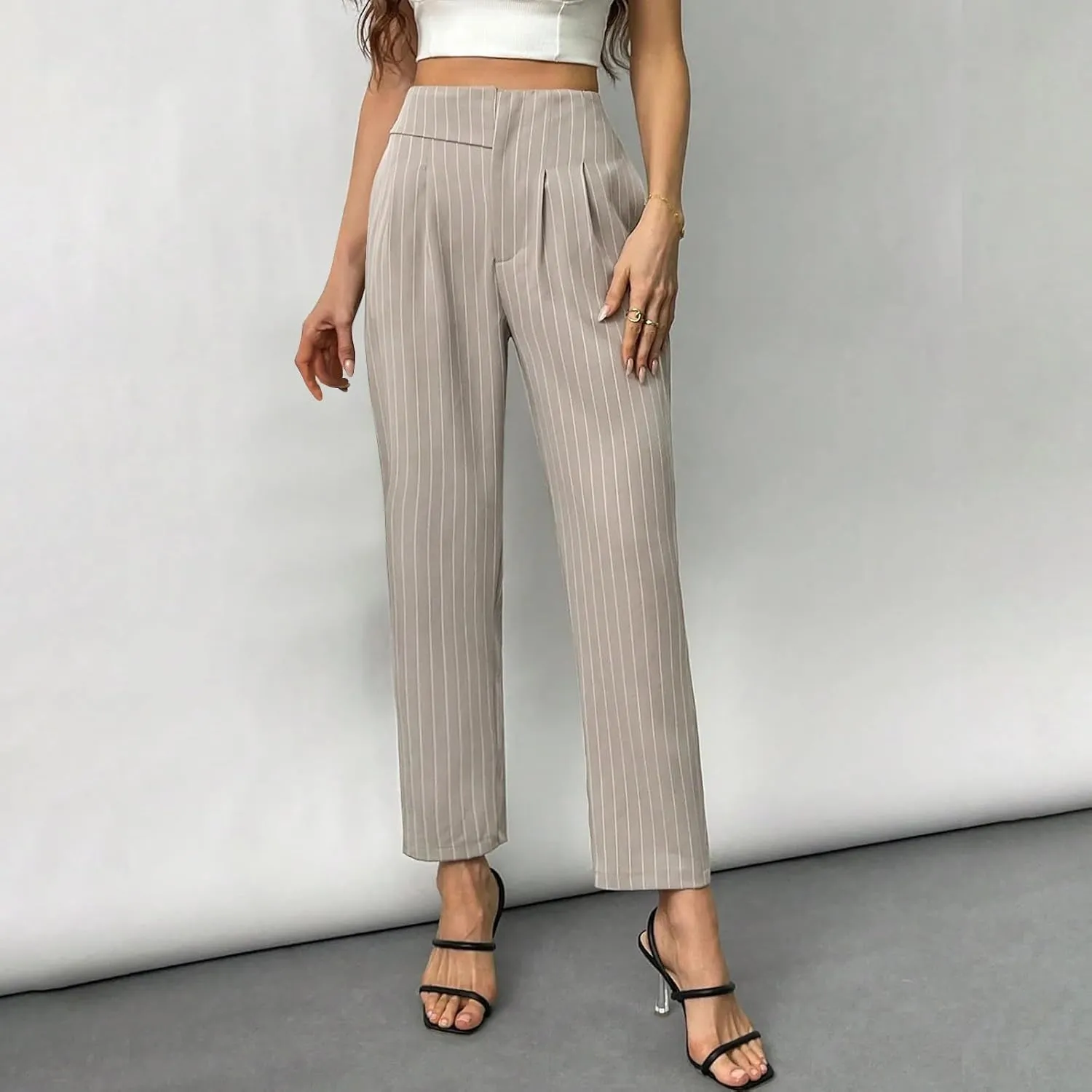 JOAU Women's Striped Print High Waisted Dress Pants Straight Leg Work Business Suit Pants Casual Pleated Office Trousers