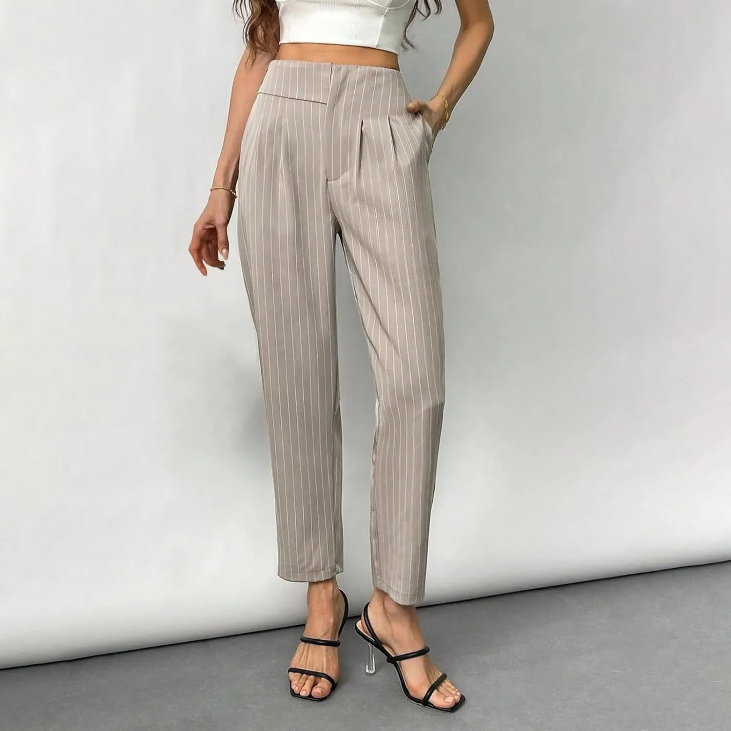 JOAU Women's Striped Print High Waisted Dress Pants Straight Leg Work Business Suit Pants Casual Pleated Office Trousers