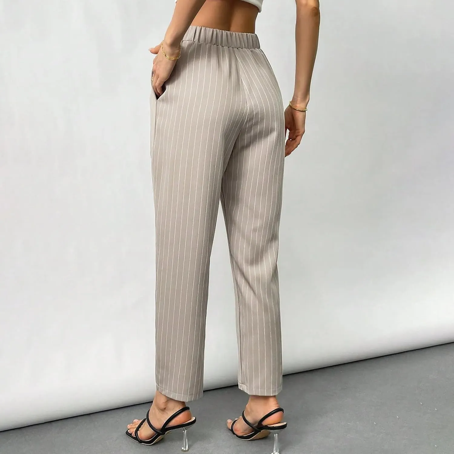 JOAU Women's Striped Print High Waisted Dress Pants Straight Leg Work Business Suit Pants Casual Pleated Office Trousers