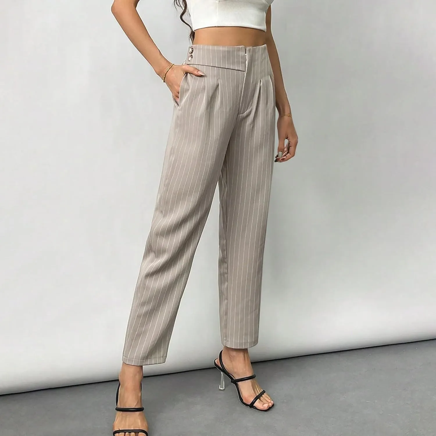 JOAU Women's Striped Print High Waisted Dress Pants Straight Leg Work Business Suit Pants Casual Pleated Office Trousers