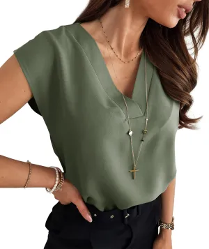Lynwitkui Women's V Neck Chiffon Blouses Cap Sleeve Shirts Casual Loose Work Office Solid Tops