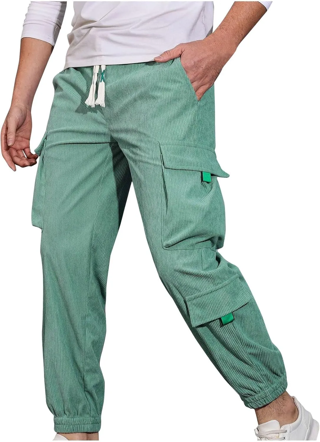 Men's Corduroy Trousers Casual Cargo Pants Elastic Waist Tapered Pant Baggy Joggers Drawstring Sweatpants Multi Pockets