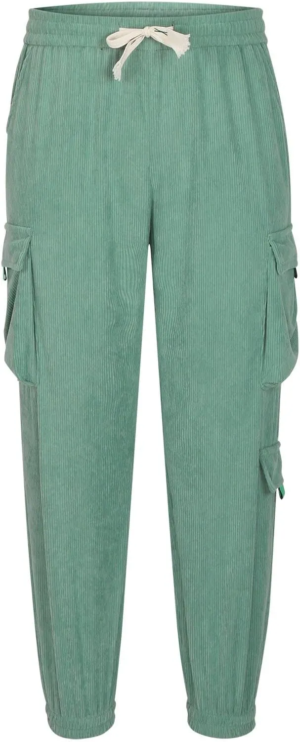 Men's Corduroy Trousers Casual Cargo Pants Elastic Waist Tapered Pant Baggy Joggers Drawstring Sweatpants Multi Pockets