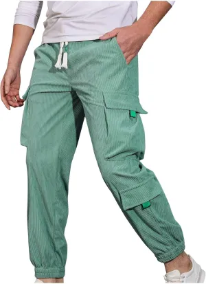 Men's Corduroy Trousers Casual Cargo Pants Elastic Waist Tapered Pant Baggy Joggers Drawstring Sweatpants Multi Pockets