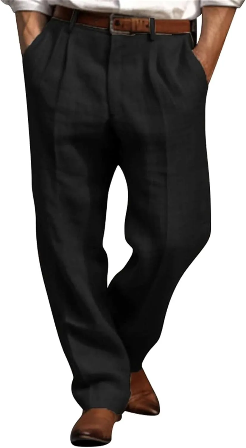 Mens Dress Pants Relaxed Fit Casual Cotton Linen Pleated Front Work Suit Pants Straight Leg Slacks Comfort Trousers