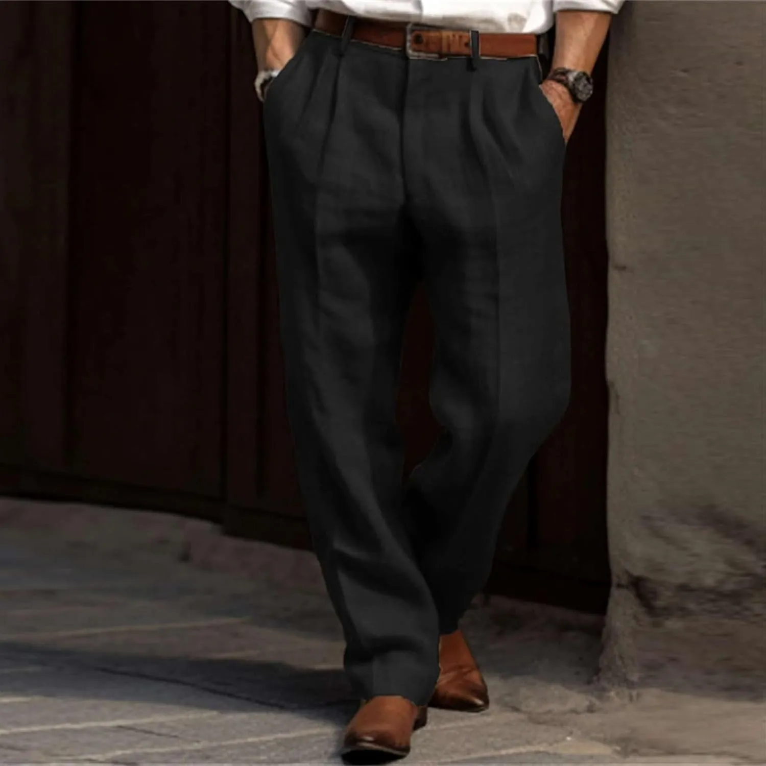 Mens Dress Pants Relaxed Fit Casual Cotton Linen Pleated Front Work Suit Pants Straight Leg Slacks Comfort Trousers