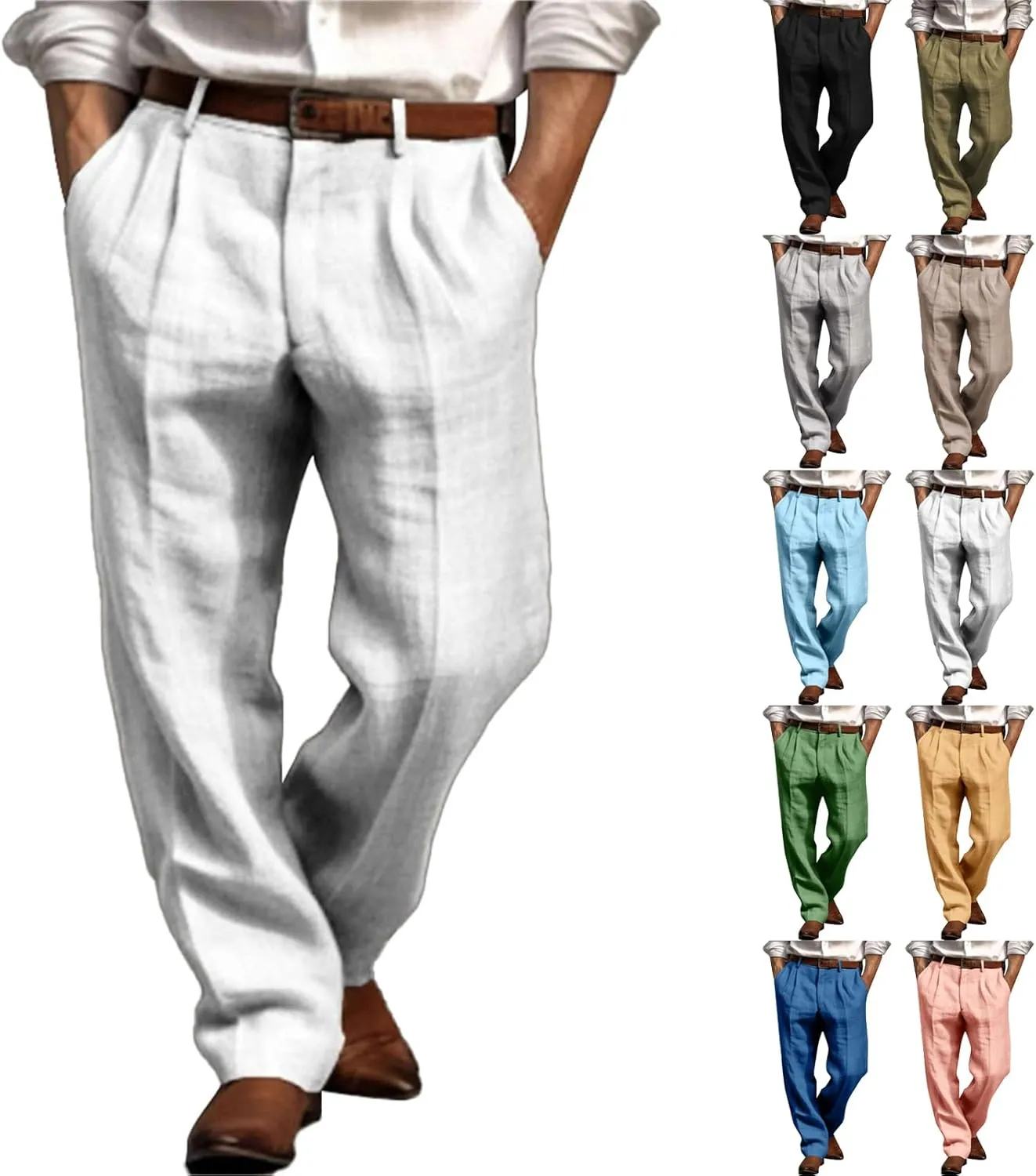 Mens Dress Pants Relaxed Fit Casual Cotton Linen Pleated Front Work Suit Pants Straight Leg Slacks Comfort Trousers