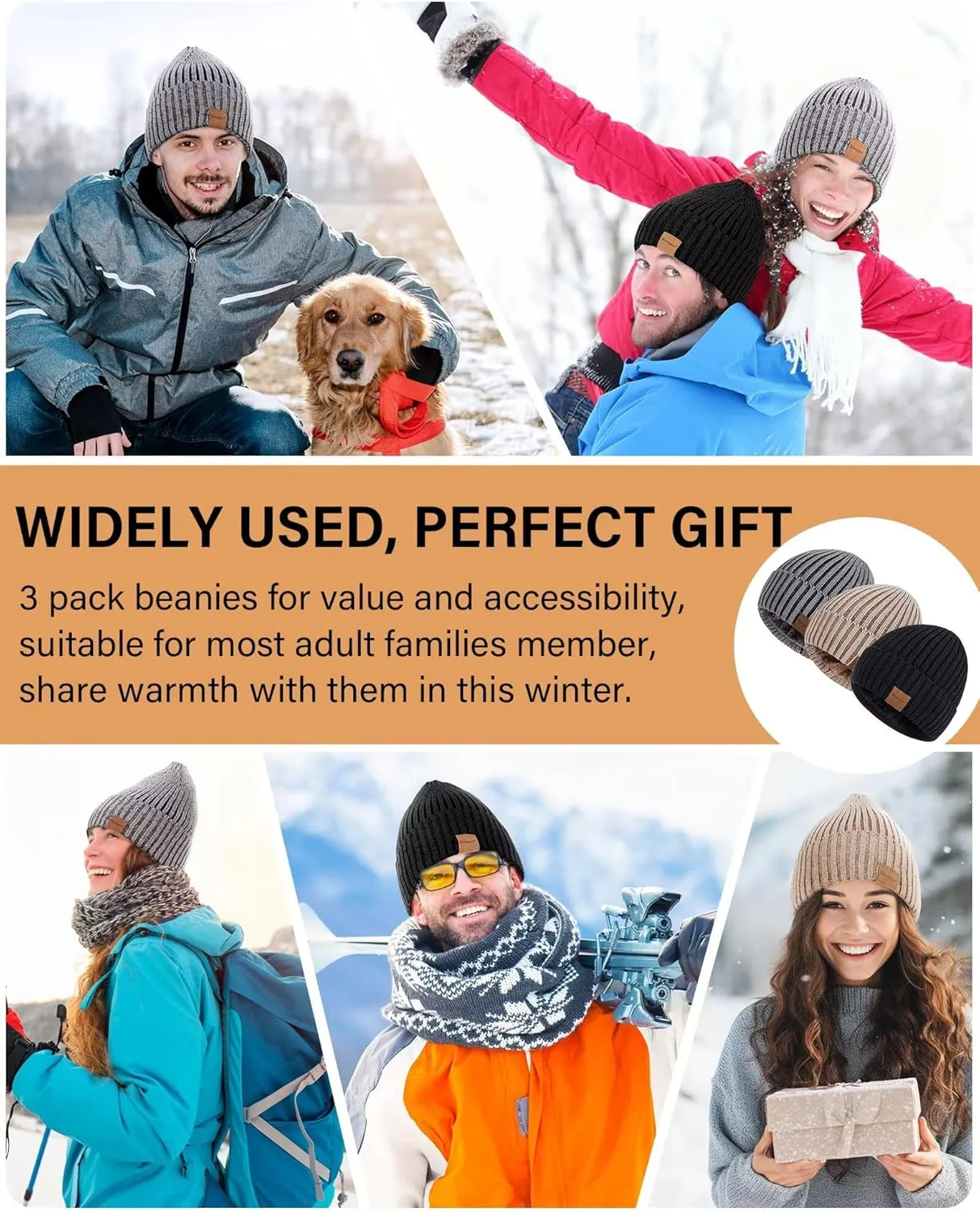 Nertpow Mens Beanie Hats 3 Pack, Winter Hats for Men Women Warm Thermal Fleece Lined, Thick Knit Fashion Skull Cap for Guys