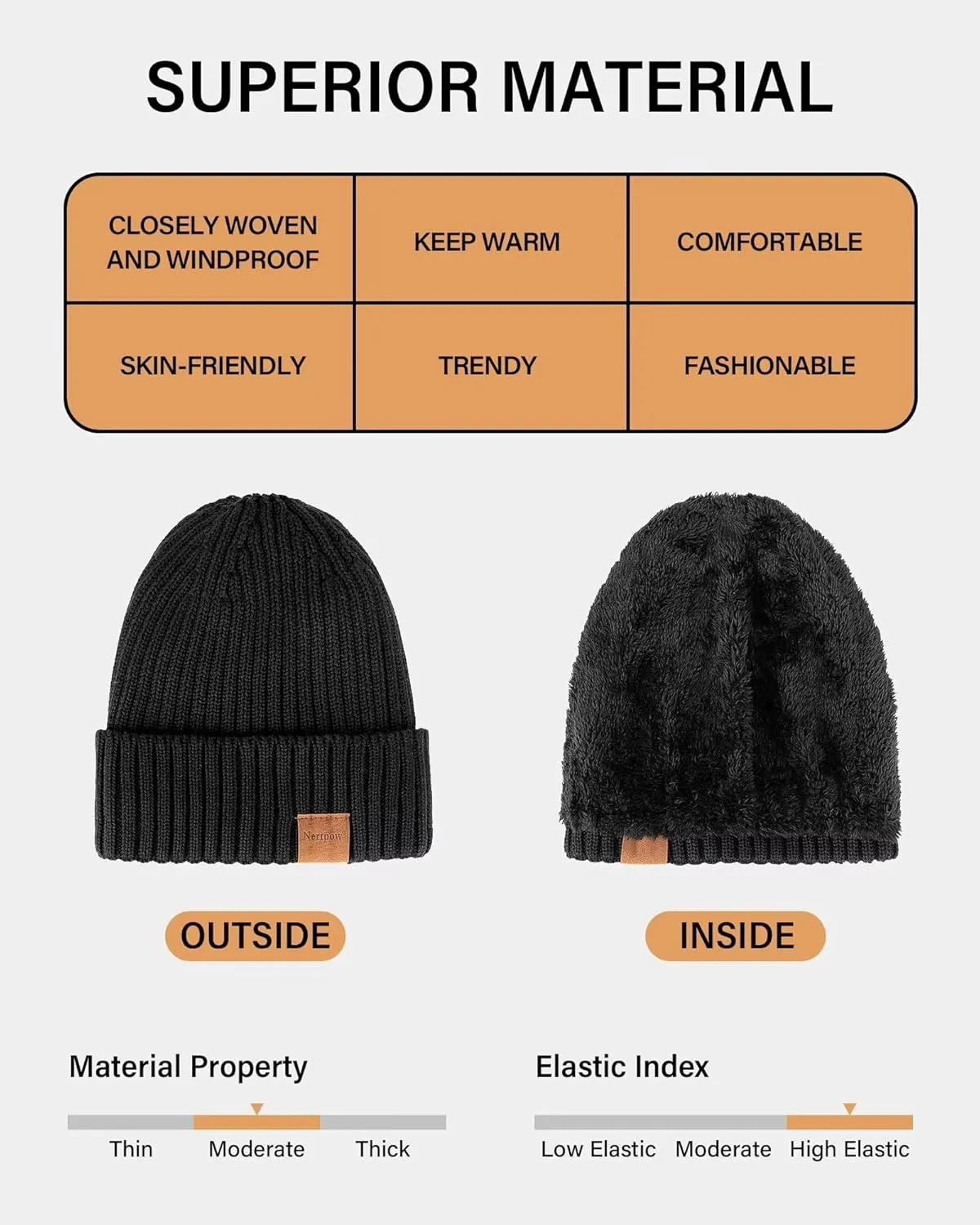 Nertpow Mens Beanie Hats 3 Pack, Winter Hats for Men Women Warm Thermal Fleece Lined, Thick Knit Fashion Skull Cap for Guys