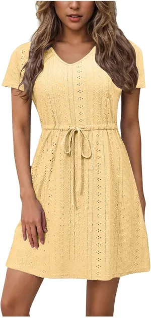 Oplxuo Women Short Sleeve Eyelet Embroidery Mini Dress V-Neck Drawstring Waist Summer Casual Sundress Vacation Beach Dresses