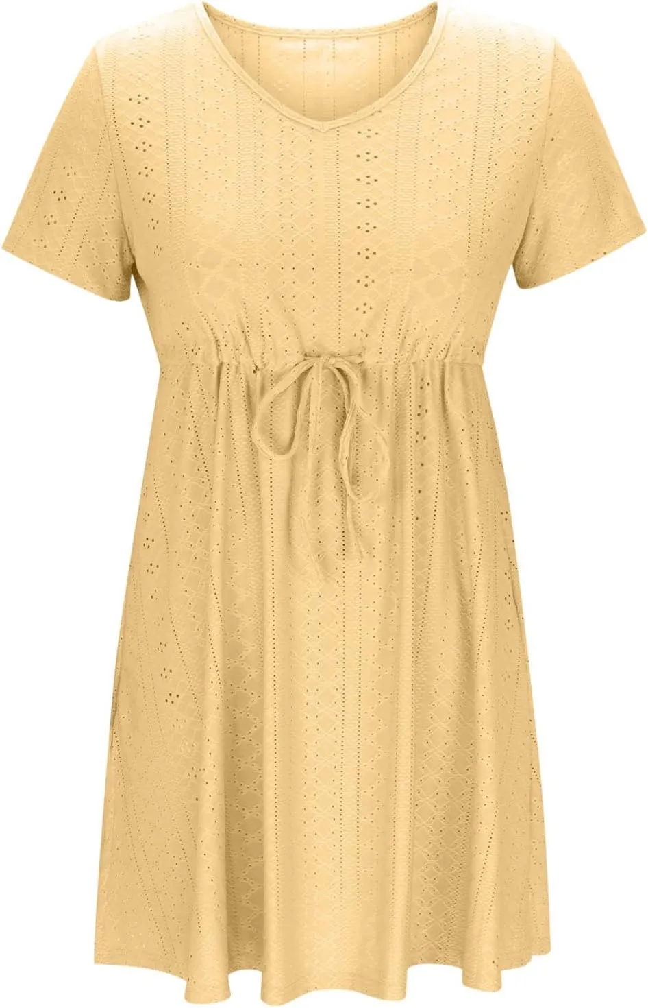 Oplxuo Women Short Sleeve Eyelet Embroidery Mini Dress V-Neck Drawstring Waist Summer Casual Sundress Vacation Beach Dresses