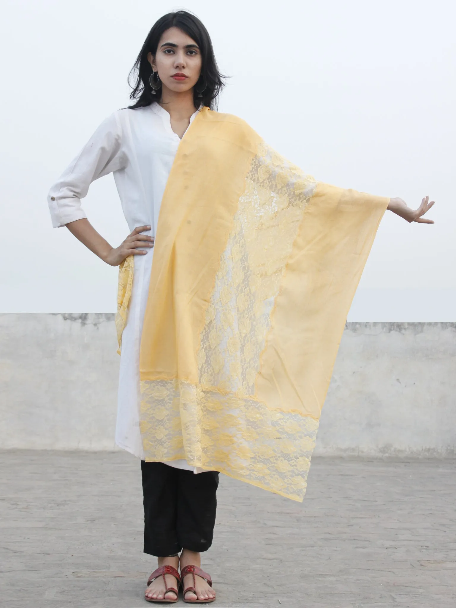 Peach Lace Work Fine Woolen Cashmere Stole - S6317174