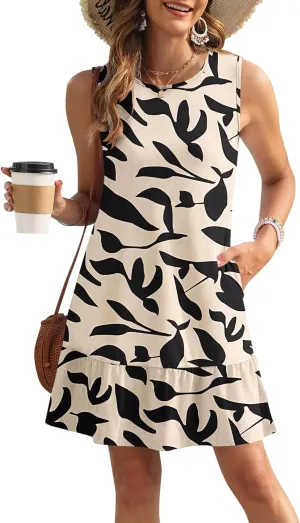 PLOKNRD Women's Summer Dresses Casual Sleeveless Ruffle Hem Tshirt Sundress Loose Beach Tank Dress Pockets 2025