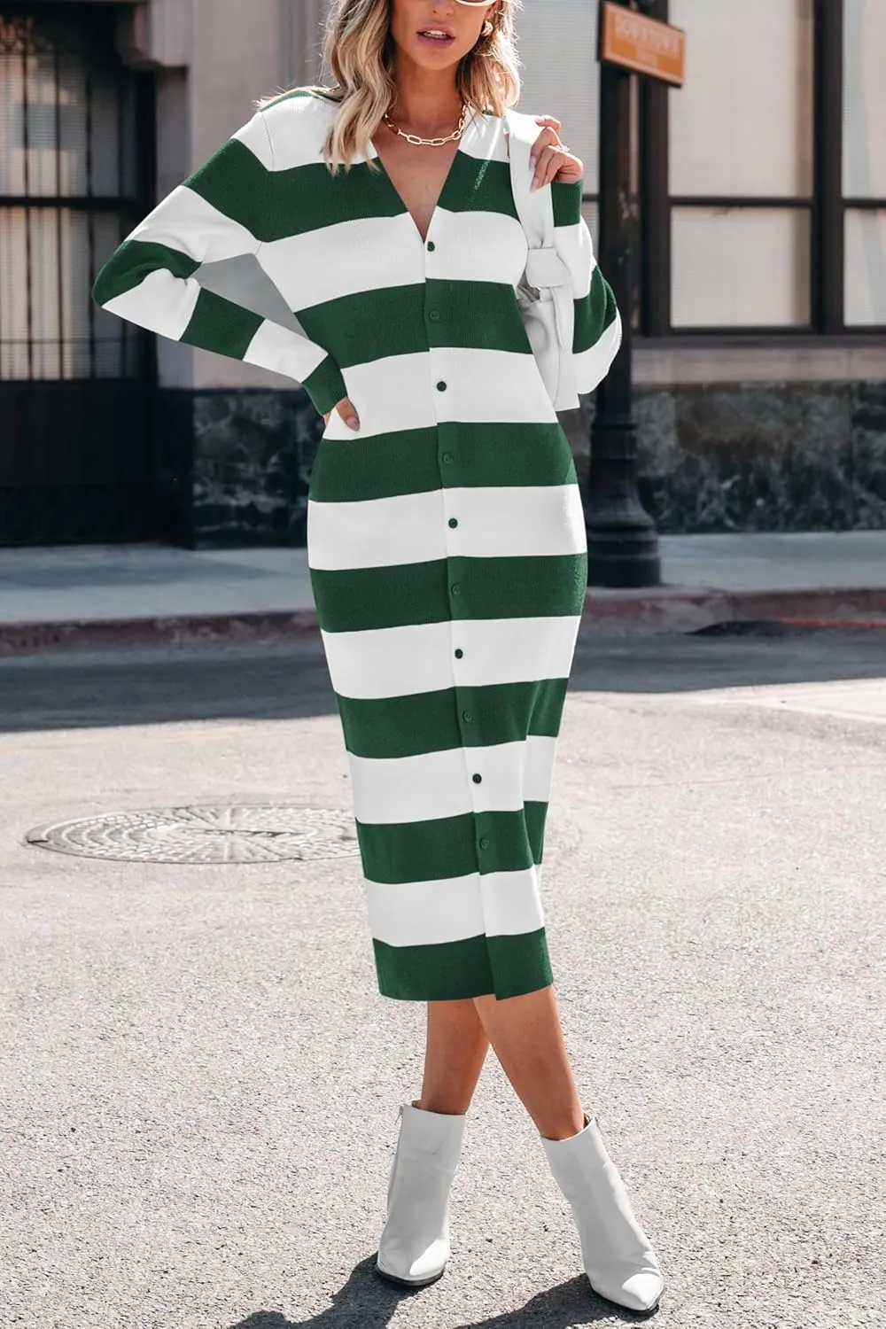 PRETTYGARDEN Women's Fall Sweater Dresses 2025 Long Sleeve V Neck Button Ribbed Knit Stripes Bodycon Midi Winter Dress