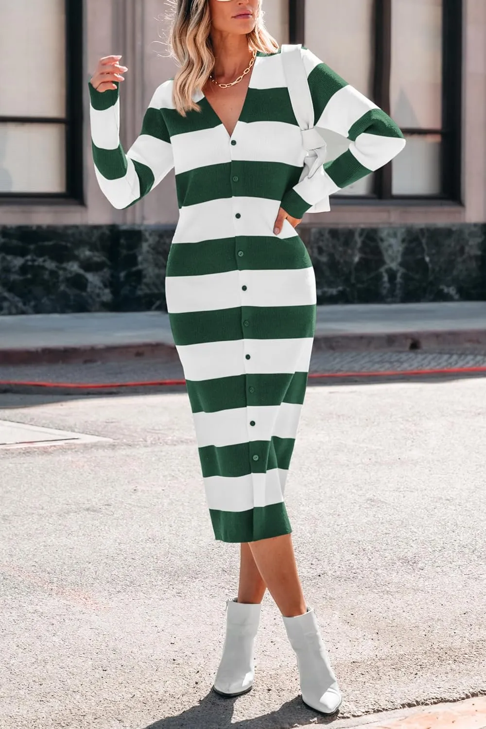 PRETTYGARDEN Women's Fall Sweater Dresses 2025 Long Sleeve V Neck Button Ribbed Knit Stripes Bodycon Midi Winter Dress