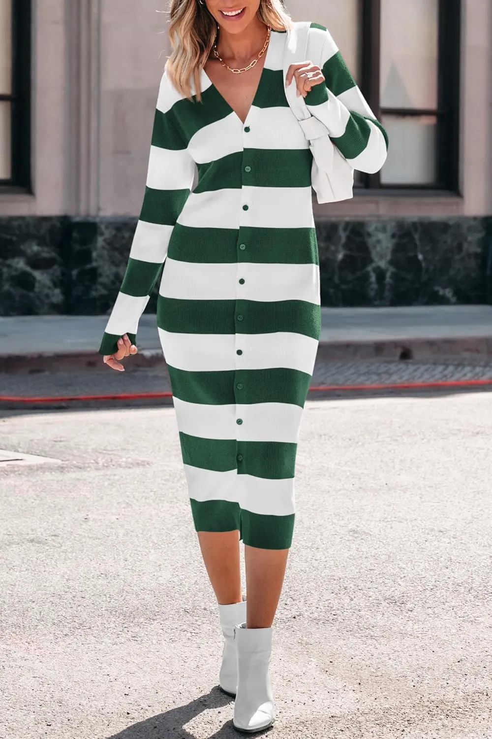 PRETTYGARDEN Women's Fall Sweater Dresses 2025 Long Sleeve V Neck Button Ribbed Knit Stripes Bodycon Midi Winter Dress
