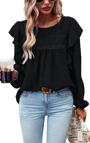 PRETTYGARDEN Women's Long Sleeve Blouses Ruffle Swiss Dot Crochet Loose Fit 2025 Spring Fall Tunic Dressy Casual Tops
