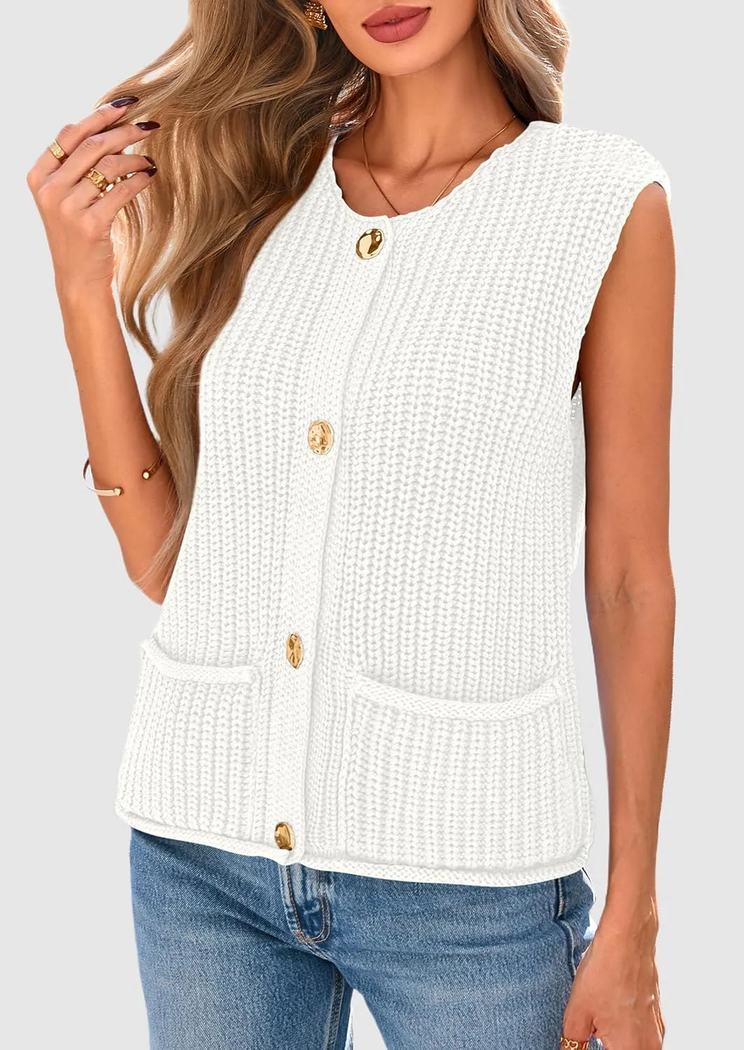 PRETTYGARDEN Women's Summer Sweaters Vest 2025 Sleeveless Button Down Cropped Pockets Chunky Knit Cardigan Trendy Tank Tops