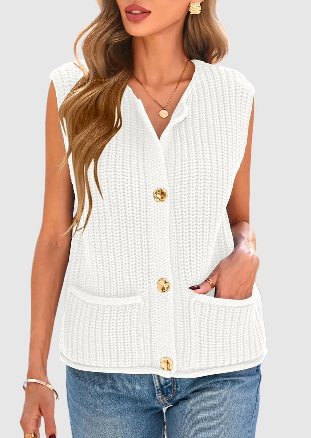 PRETTYGARDEN Women's Summer Sweaters Vest 2025 Sleeveless Button Down Cropped Pockets Chunky Knit Cardigan Trendy Tank Tops
