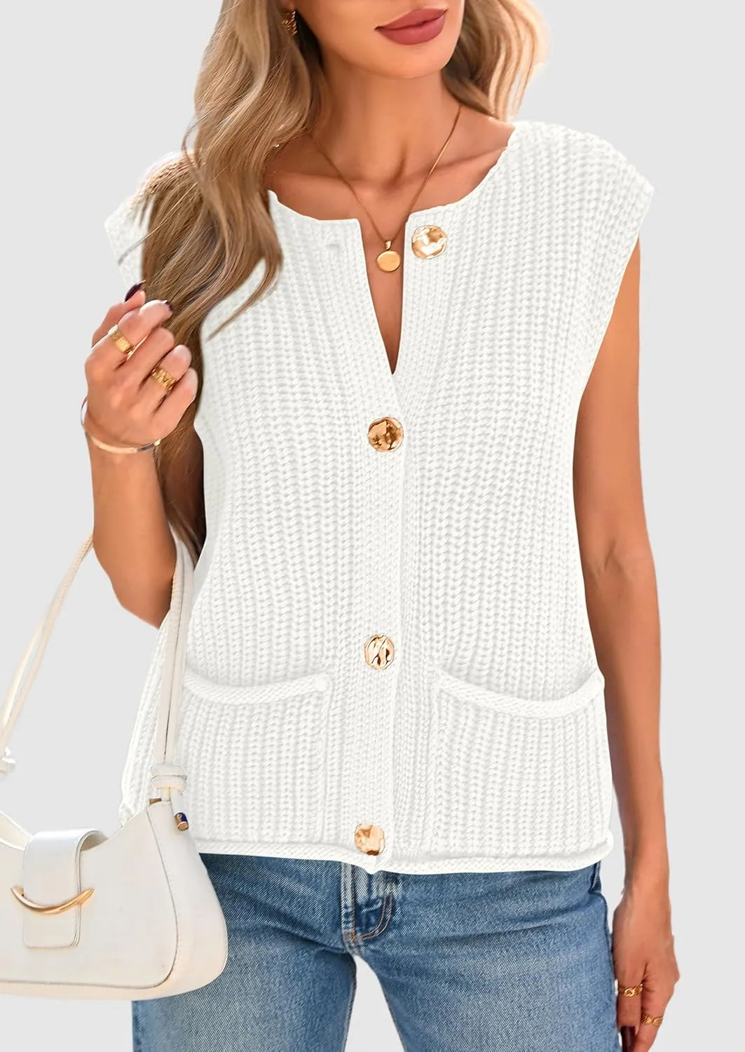 PRETTYGARDEN Women's Summer Sweaters Vest 2025 Sleeveless Button Down Cropped Pockets Chunky Knit Cardigan Trendy Tank Tops