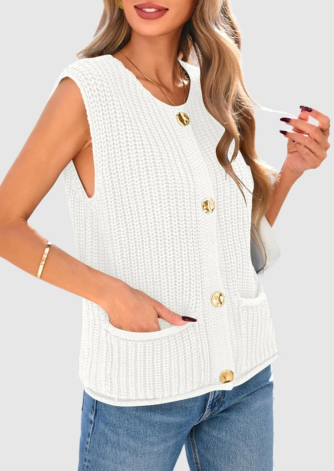 PRETTYGARDEN Women's Summer Sweaters Vest 2025 Sleeveless Button Down Cropped Pockets Chunky Knit Cardigan Trendy Tank Tops