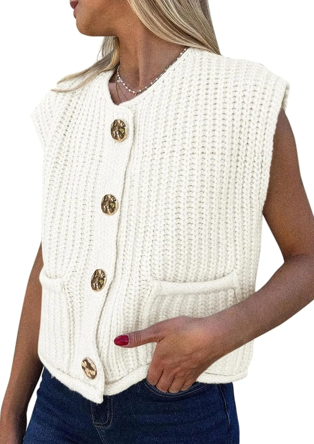 PRETTYGARDEN Women's Summer Sweaters Vest 2025 Sleeveless Button Down Cropped Pockets Chunky Knit Cardigan Trendy Tank Tops