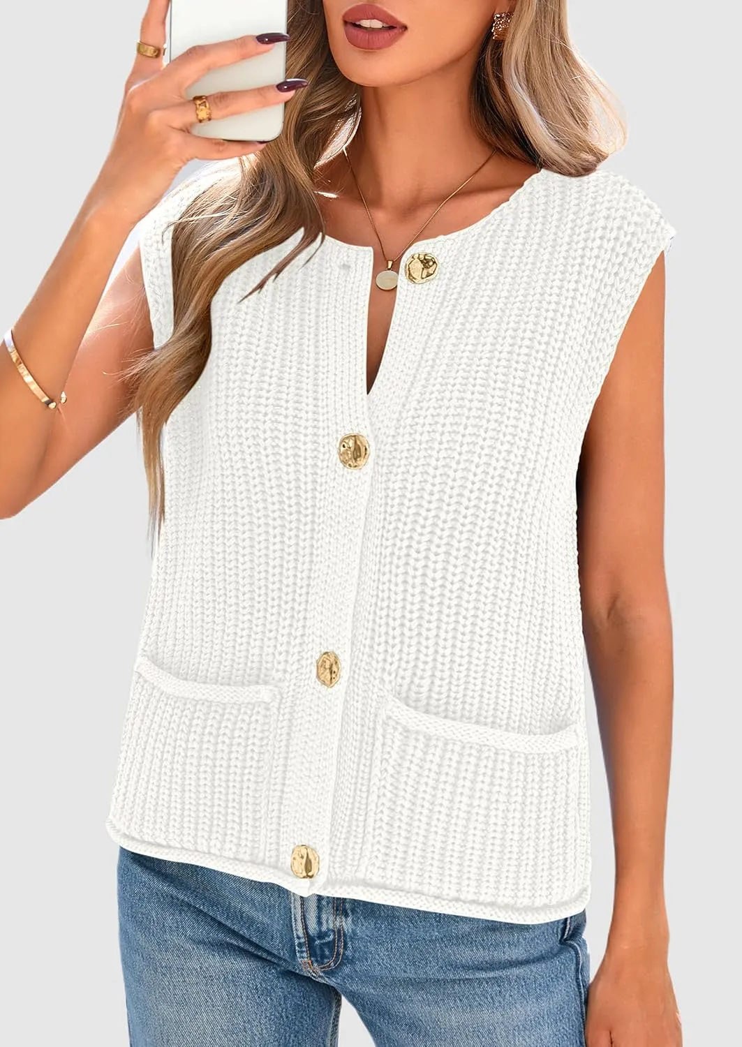PRETTYGARDEN Women's Summer Sweaters Vest 2025 Sleeveless Button Down Cropped Pockets Chunky Knit Cardigan Trendy Tank Tops