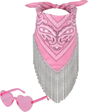 Rhinestone Fringe Bandanas with Heart Sunglasses - Sparkly Disco Cowgirl Bling Bandanas for Men & Women - Pink