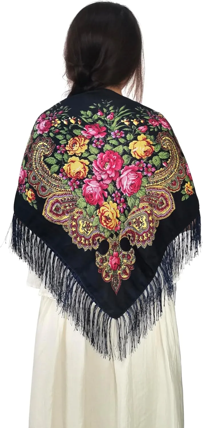 Russian Style Muffler Warm Scarf with Tassel Women's Traditional Scarf Wrap Shawl Fringes Printing Cape