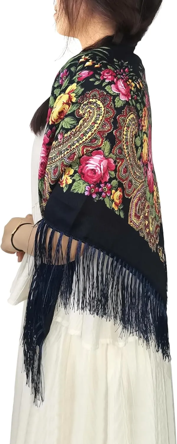 Russian Style Muffler Warm Scarf with Tassel Women's Traditional Scarf Wrap Shawl Fringes Printing Cape