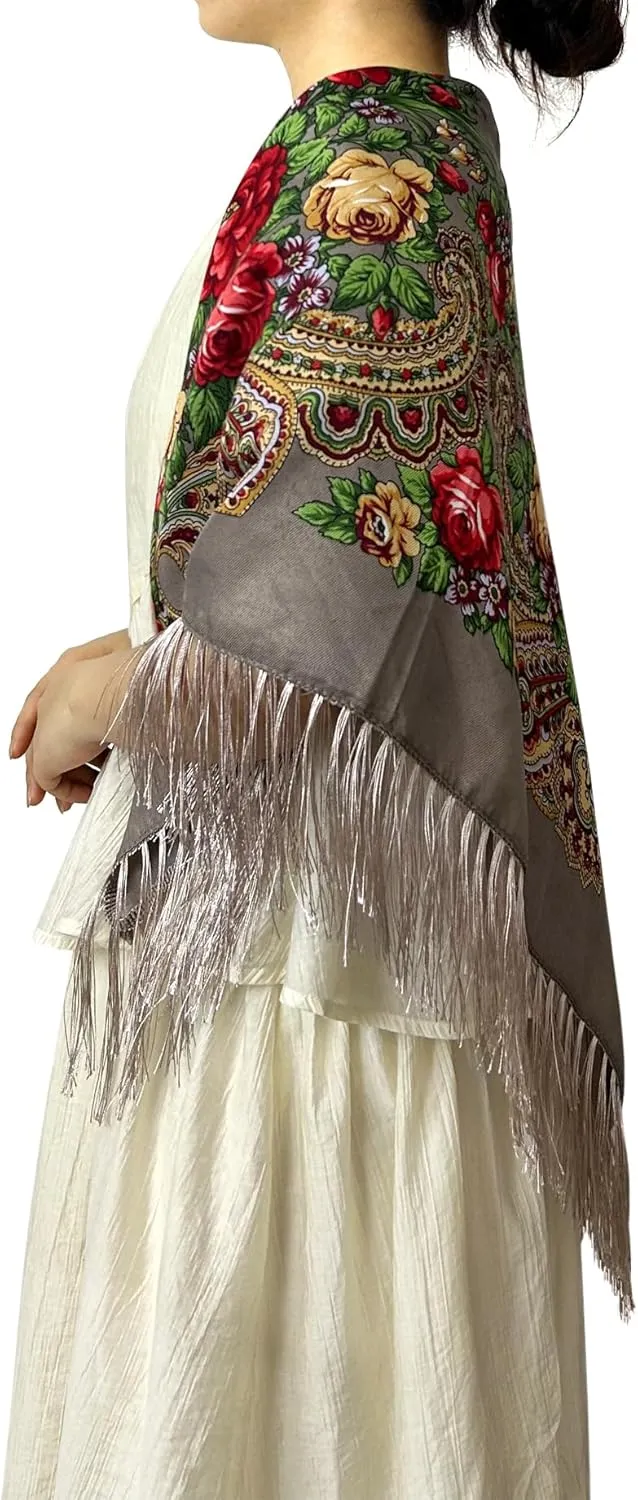 Russian Style Muffler Warm Scarf with Tassel Women's Traditional Scarf Wrap Shawl Fringes Printing Cape