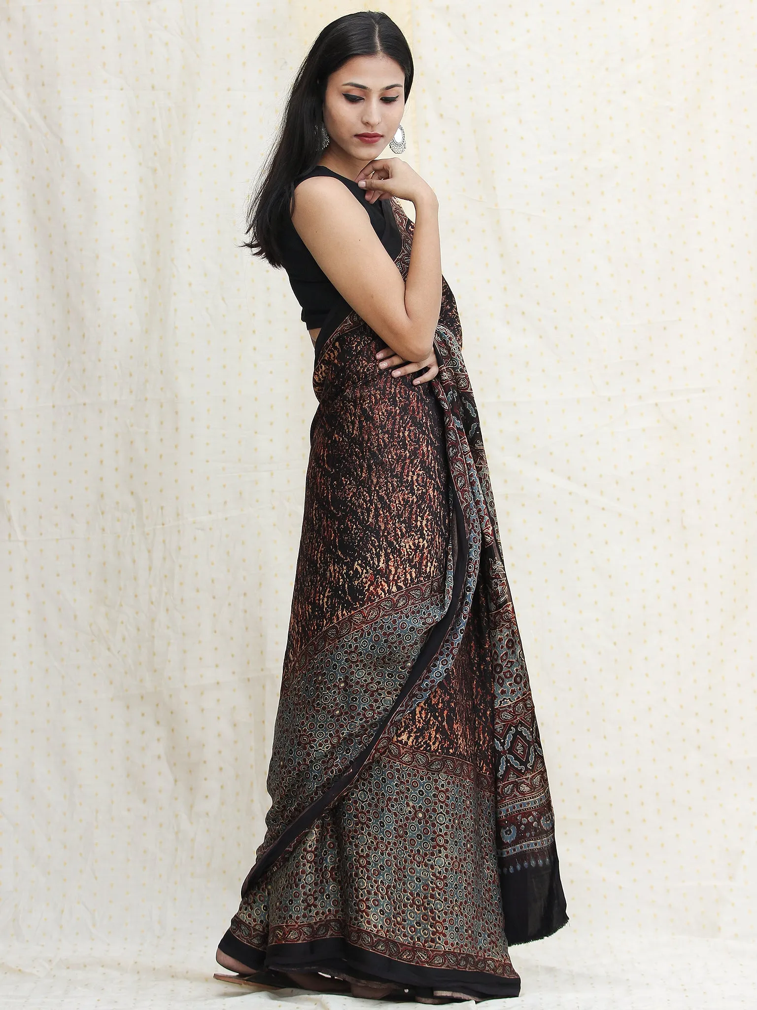 Rust Black Sage Green Ajrakh Hand Block Printed Modal Silk Saree - S031704117