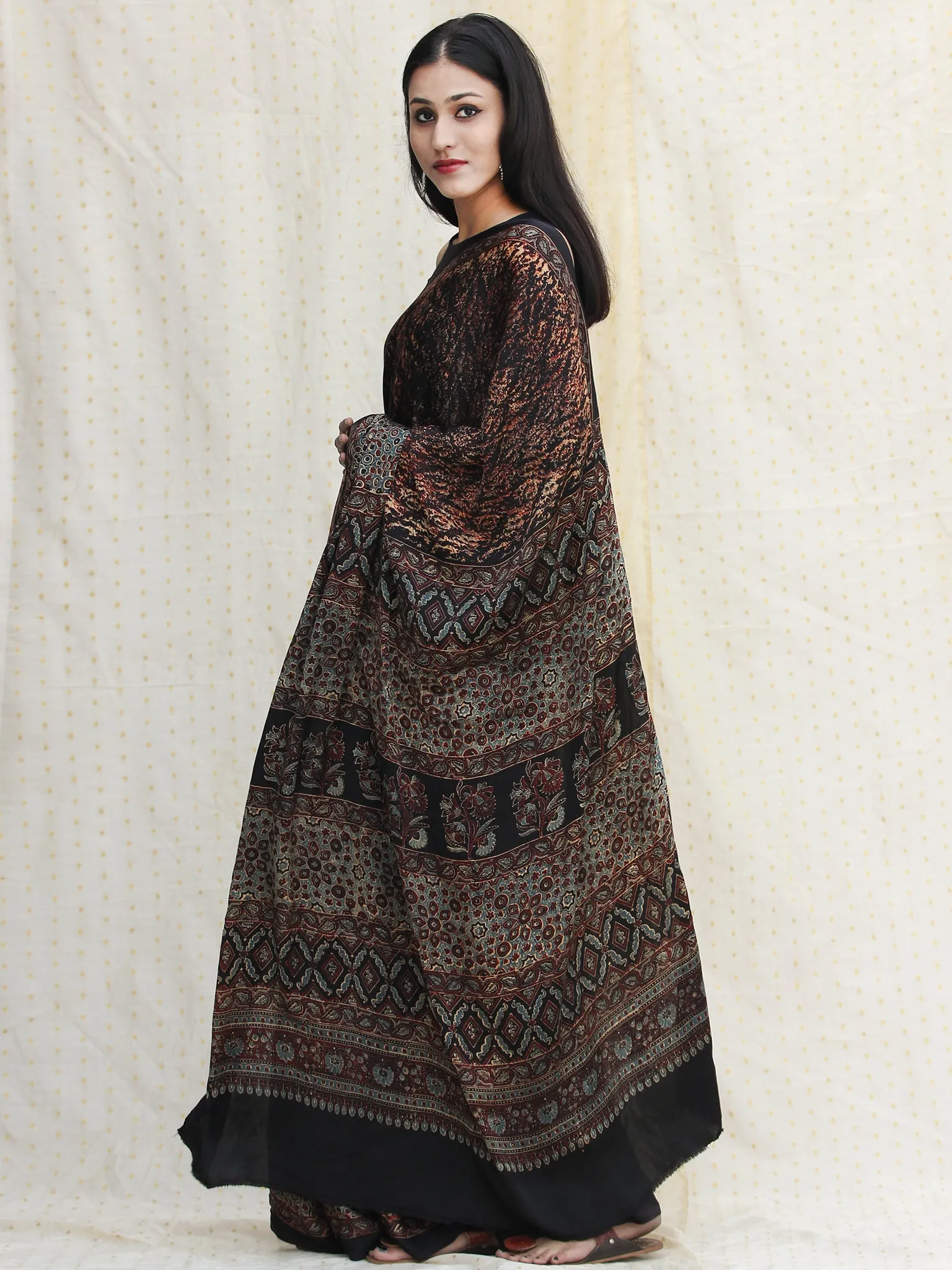 Rust Black Sage Green Ajrakh Hand Block Printed Modal Silk Saree - S031704117