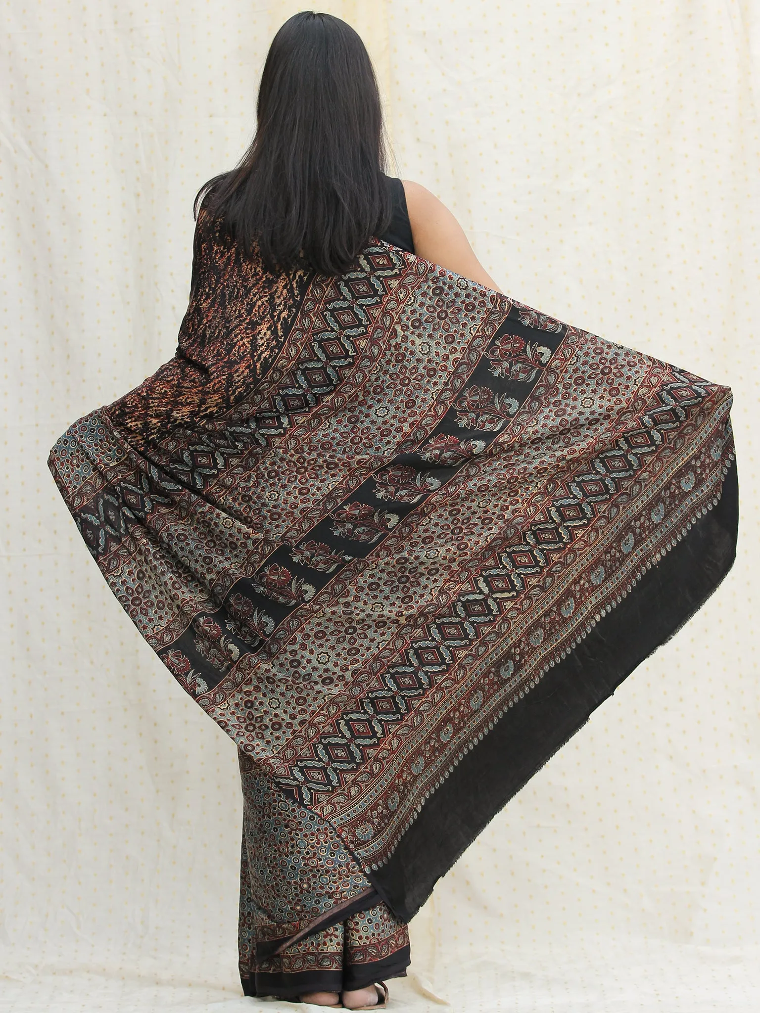 Rust Black Sage Green Ajrakh Hand Block Printed Modal Silk Saree - S031704117