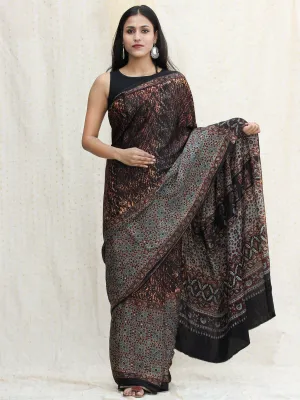 Rust Black Sage Green Ajrakh Hand Block Printed Modal Silk Saree - S031704117
