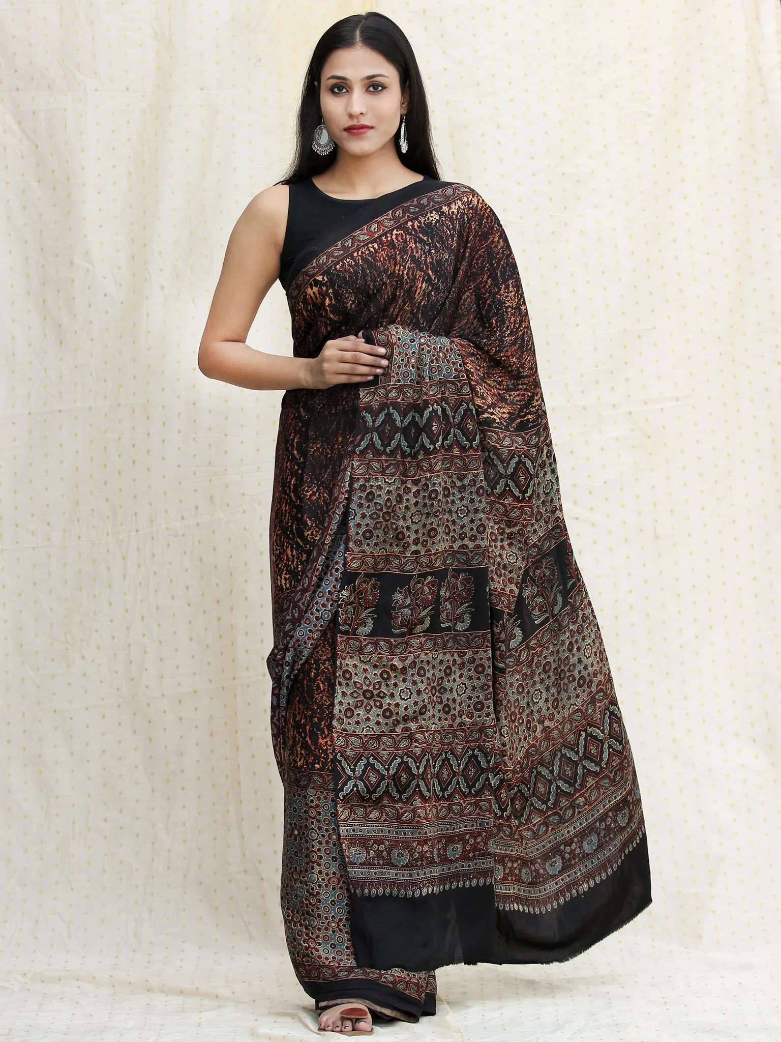 Rust Black Sage Green Ajrakh Hand Block Printed Modal Silk Saree - S031704117