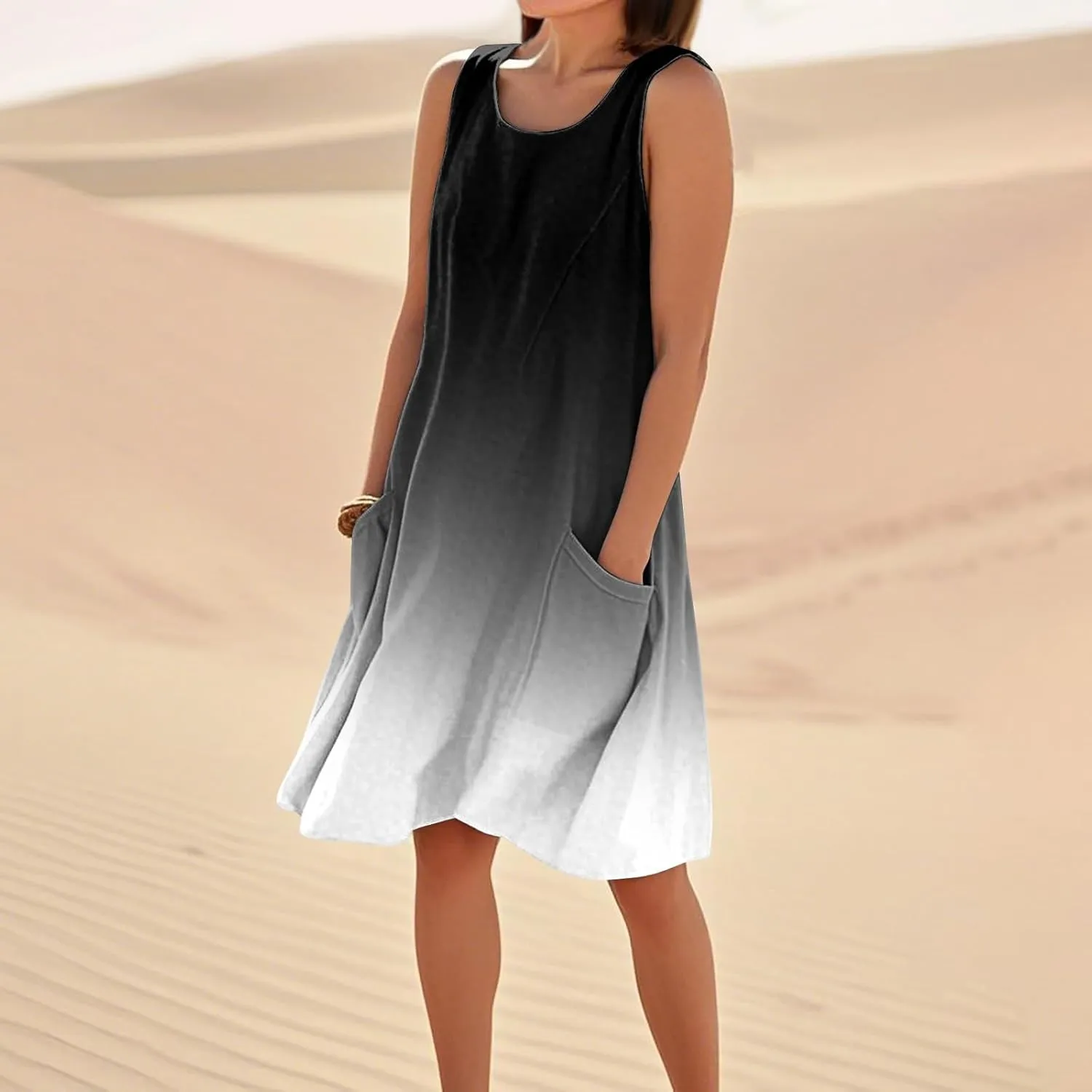Summer Dresses for Women 2025 Crewneck Sleeveless Cotton Linen Tank Dress Beach Vacation Sundresses with Pockets