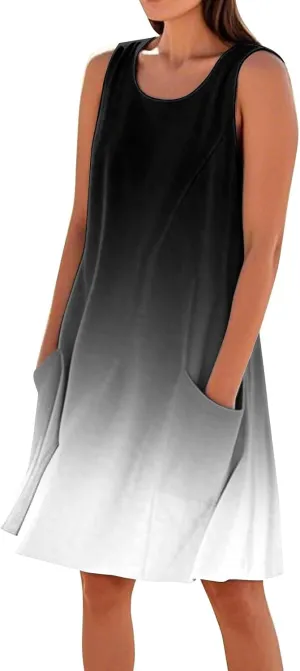 Summer Dresses for Women 2025 Crewneck Sleeveless Cotton Linen Tank Dress Beach Vacation Sundresses with Pockets