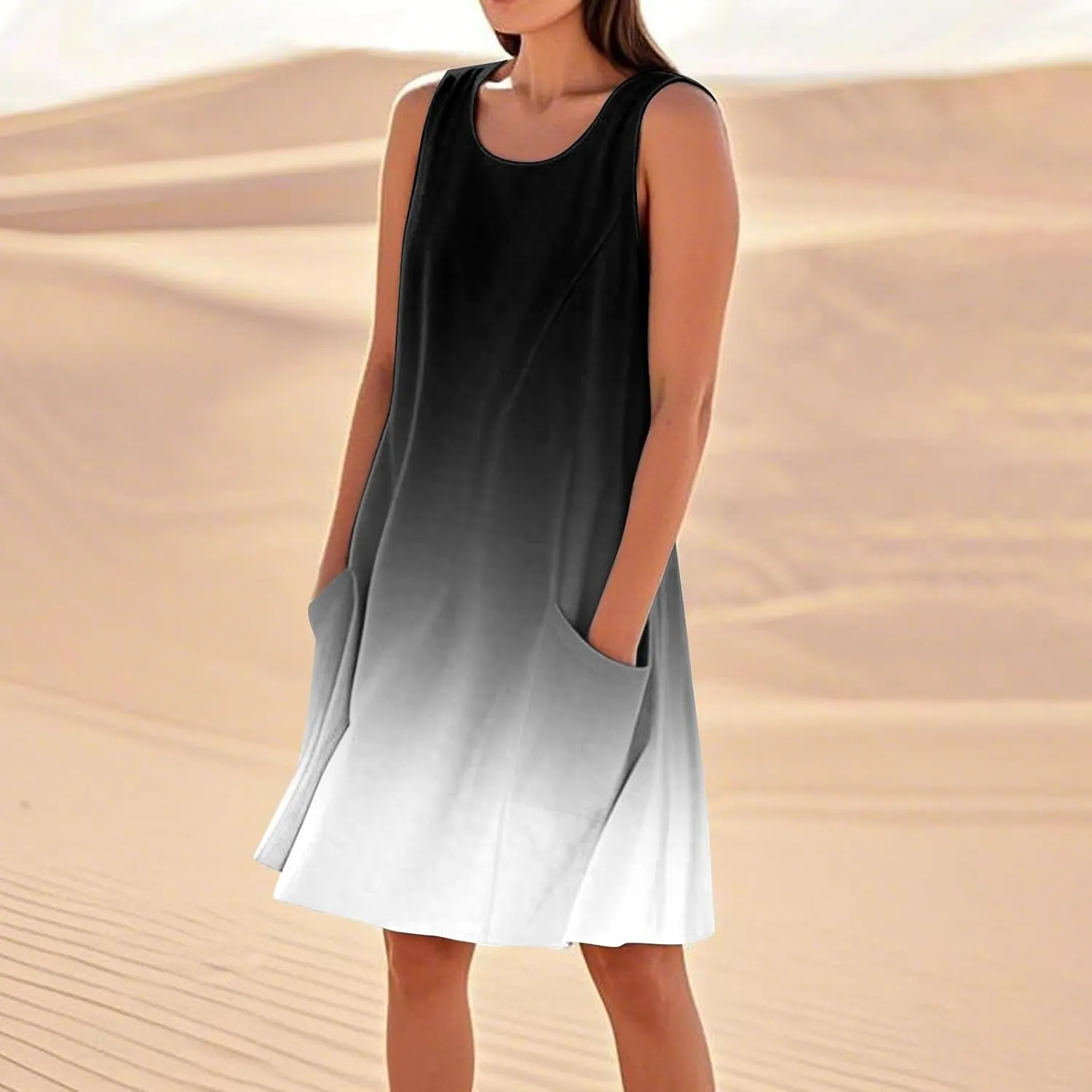 Summer Dresses for Women 2025 Crewneck Sleeveless Cotton Linen Tank Dress Beach Vacation Sundresses with Pockets