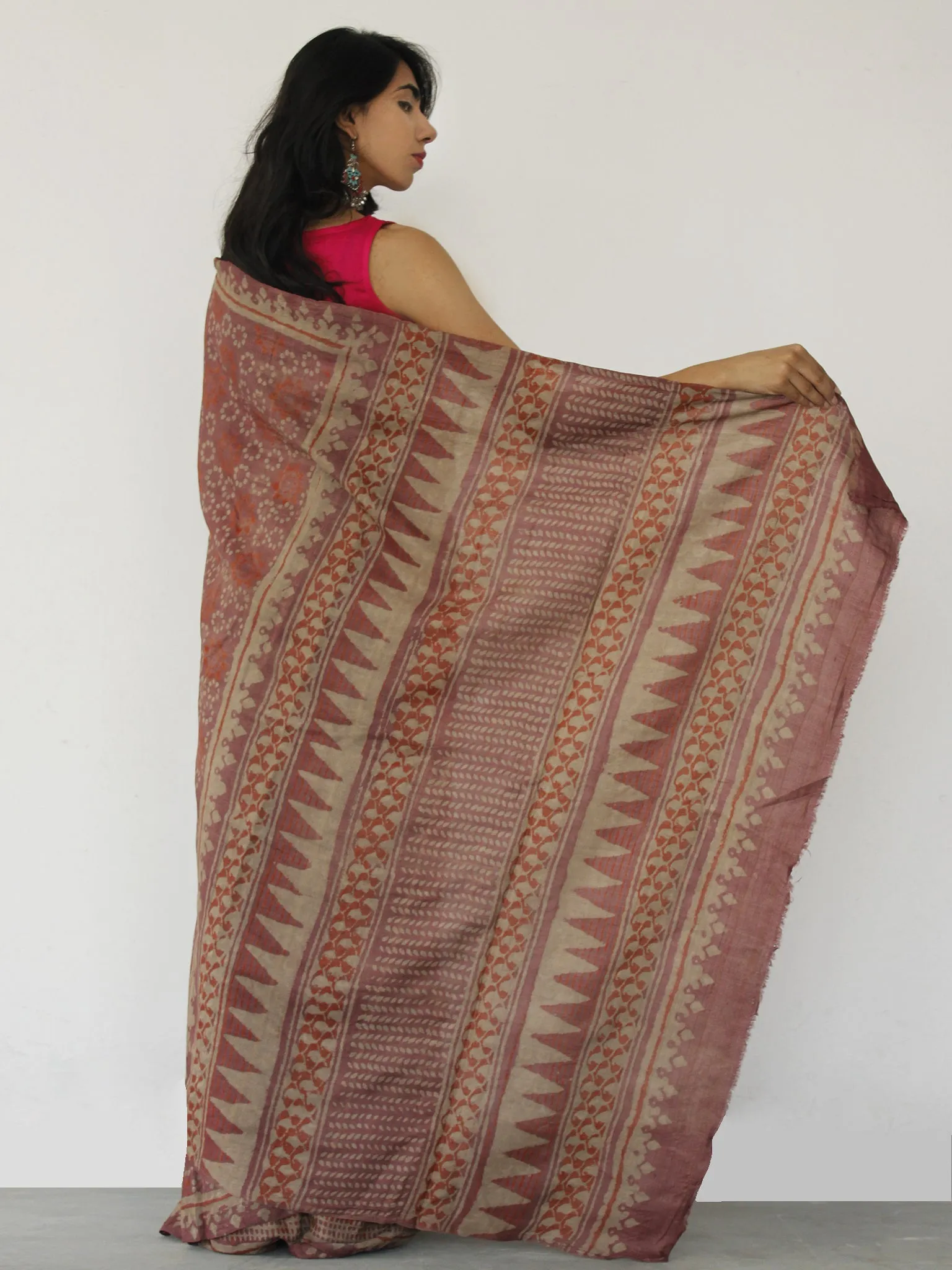 Tussar Handloom Silk Hand Block Printed Saree in Amber Rust Beige - S031702539