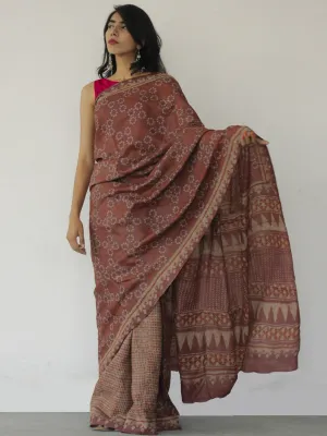 Tussar Handloom Silk Hand Block Printed Saree in Amber Rust Beige - S031702539