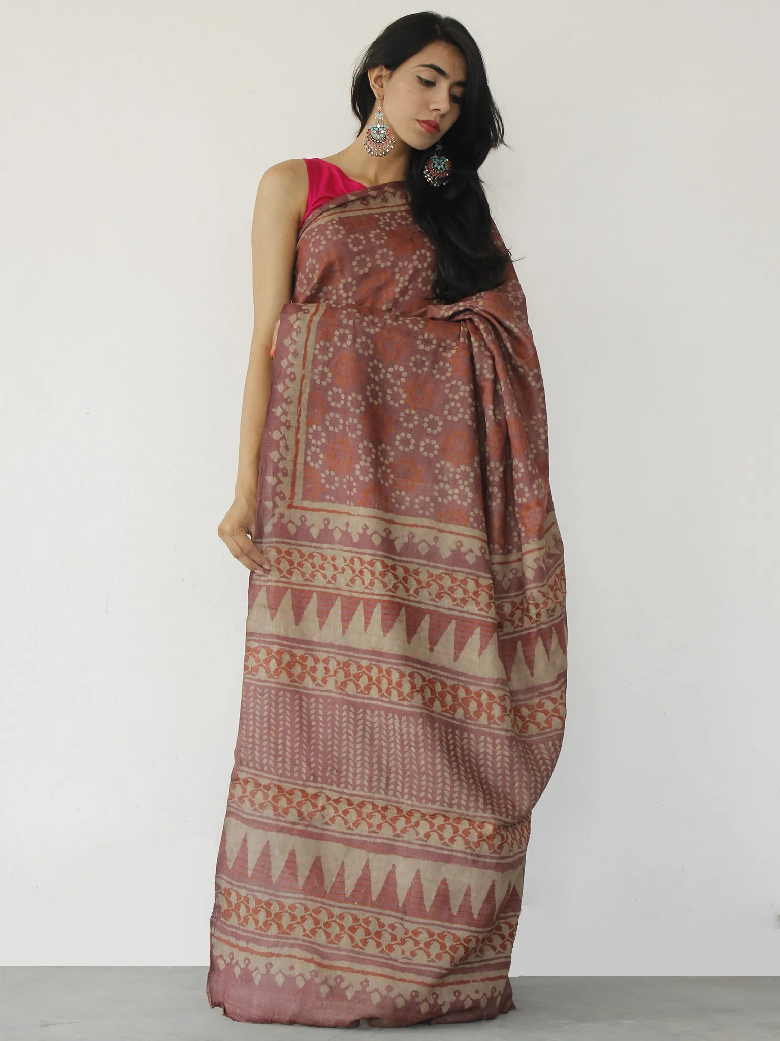 Tussar Handloom Silk Hand Block Printed Saree in Amber Rust Beige - S031702539