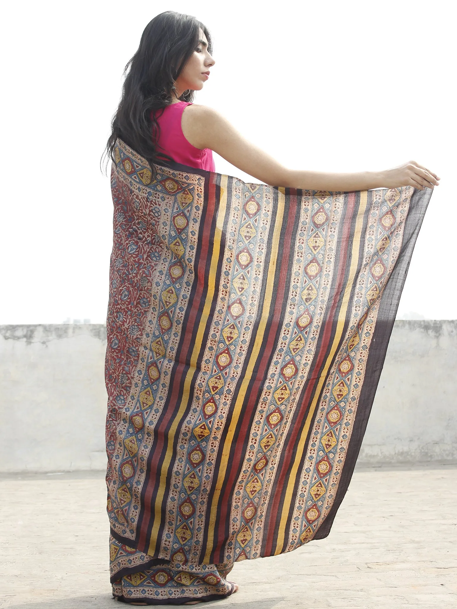Tussar Handloom Silk Hand Block Printed Saree in Plum Teal blue Black & Ivory  - S031702567