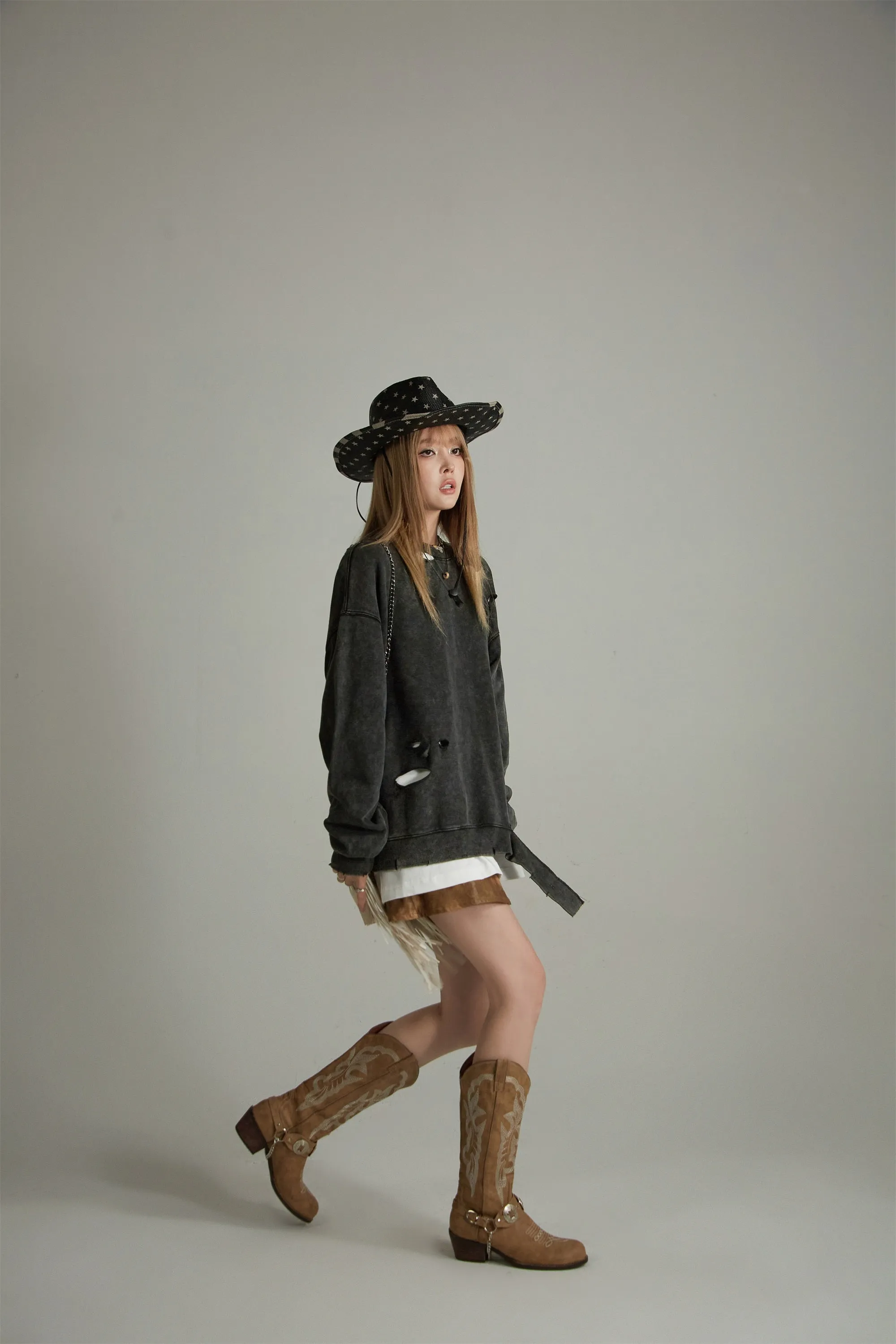 Unbalanced Distressed Long Sleeve Sweater