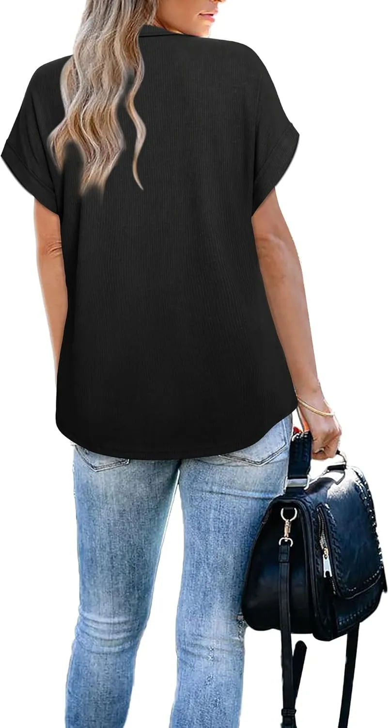 Vivilli Women's Short Sleeve Tops and Blouses Zipper Collar V Neck Business Casual Tops Loose Fit Tunic Shirt Polo Shirts